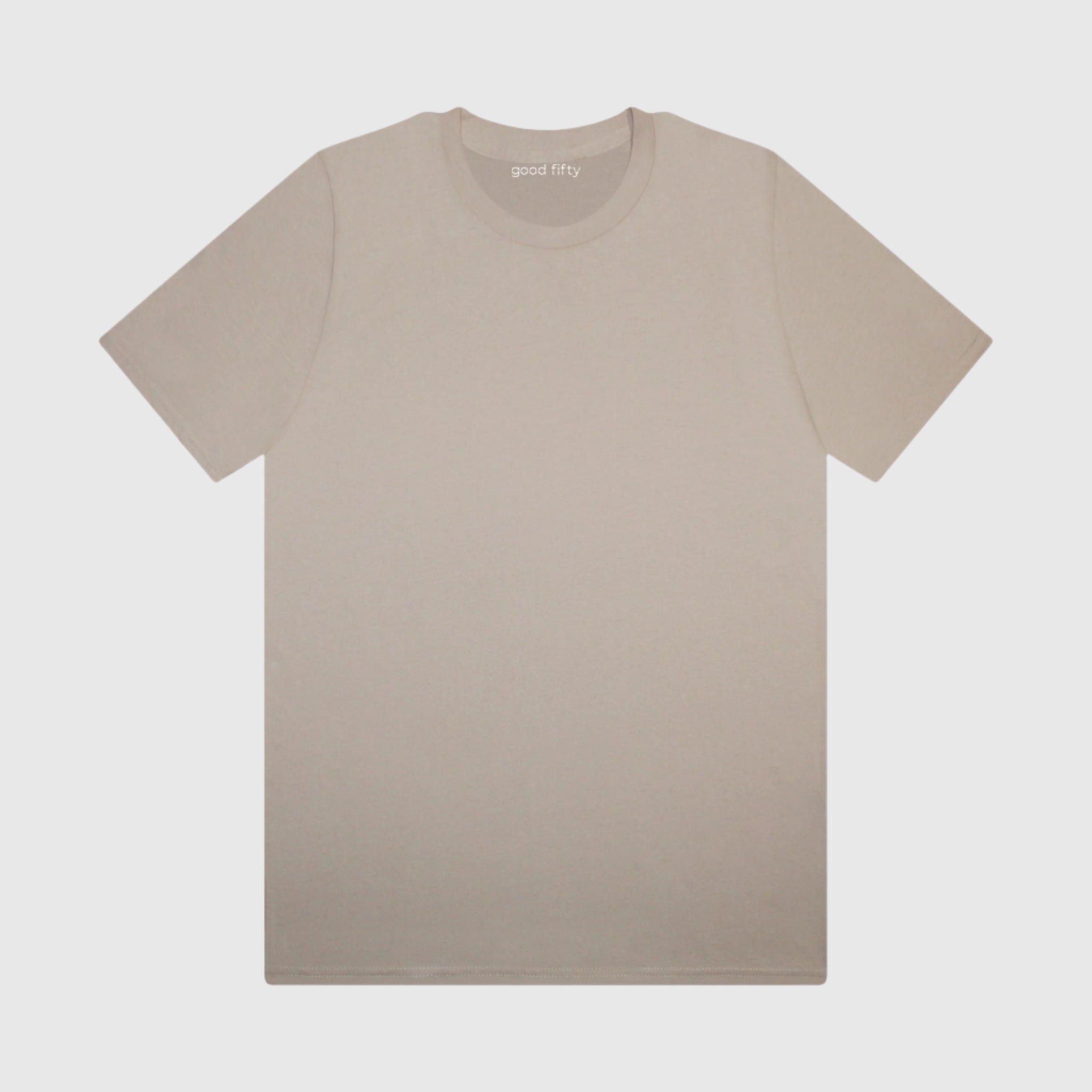 Men's 100% organic cotton regular tee in neutral beige color, featuring a structured fit and eco-friendly design.